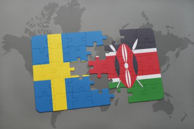 bir dünya haritası arka plan üzerinde İsveç ve Kenya ulusal bayrağı ile bulmaca.