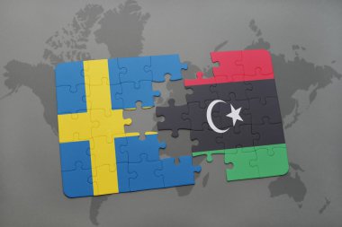 bir dünya haritası arka plan üzerinde İsveç ve Libya ulusal bayrağı ile bulmaca.