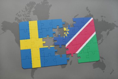 bir dünya haritası arka plan üzerinde İsveç ve namibya ulusal bayrağı ile bulmaca.