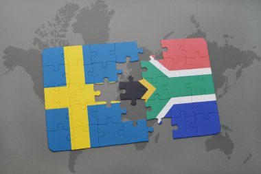 bir dünya haritası arka plan üzerinde İsveç ve Güney Afrika ulusal bayrağı ile bulmaca.
