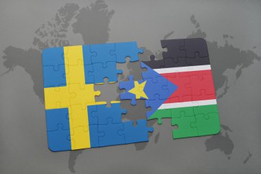 bir dünya haritası arka plan üzerinde İsveç ve güney sudan ulusal bayrağı ile bulmaca.