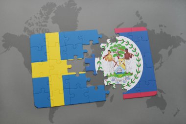 İsveç ulusal bayrağı ile bulmaca ve bir dünya haritası arka plan üzerinde belize.