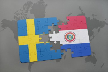 bir dünya haritası arka plan üzerinde İsveç ve Paraguay ulusal bayrağı ile bulmaca.