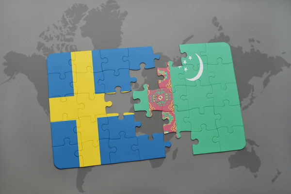 Puzzle con la bandiera nazionale di Svezia e Turchia su uno sfondo mappa del mondo . — Foto Stock