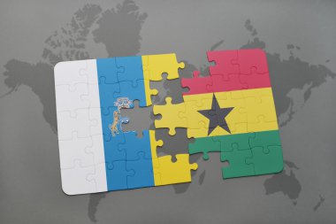 Kanarya Adaları ve Gana dünya harita arka plan üzerinde bayrağı ile bulmaca.