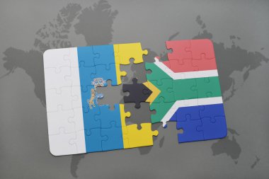 Kanarya Adaları ve Güney Afrika Dünya harita arka plan üzerinde bayrağı ile bulmaca.