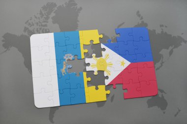 Kanarya Adaları ve Türkiye ulusal bayrak dünya harita arka plan üzerinde ile bulmaca.