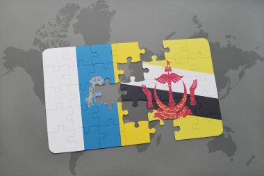 Dünya harita arka plan üzerinde Kanarya Adaları ve brunei bayrağı ulusal ile bulmaca.