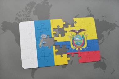 Kanarya Adaları ve Ekvador dünya harita arka plan üzerinde bayrağı ile bulmaca.