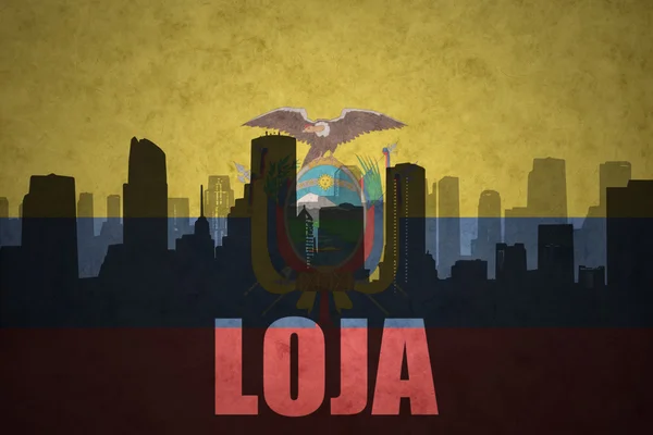 Silueta abstracta de la ciudad con texto Loja en la bandera de Ecuador vintage —  Fotos de Stock