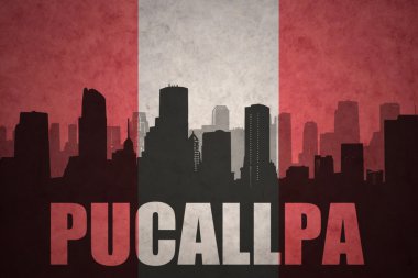 Özet metin Pucallpa Vintage ile şehir silüeti Perulu bayrak