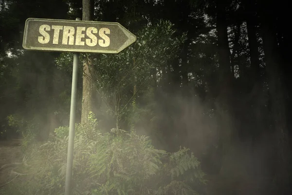 Old signboard with text stress near the sinister forest — Stock Photo, Image