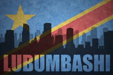 Özet metni Lubumbashi vintage Demokratik Cumhuriyeti Kongo bayrağı ile şehir silüeti