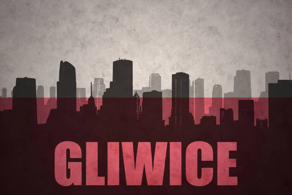 Silhueta abstrata da cidade com texto Gliwice na bandeira polonesa vintage — Fotografia de Stock