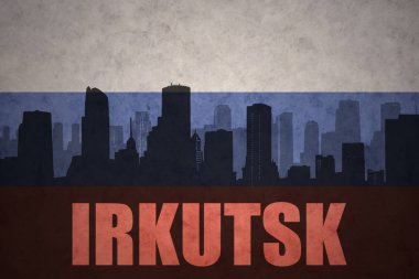 Özet metni Irkutsk vintage Rus bayrağı ile şehir silüeti