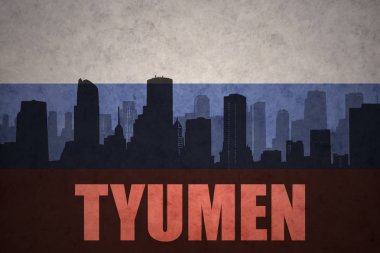 Özet metin Tyumen, vintage Rus bayrağı ile şehir silüeti