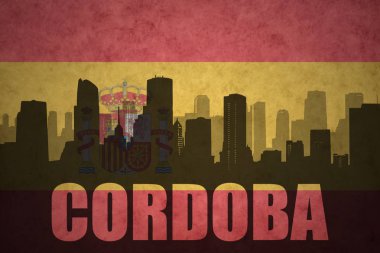 Özet metin Cordoba Vintage ile şehir silüeti İspanyolca bayrak