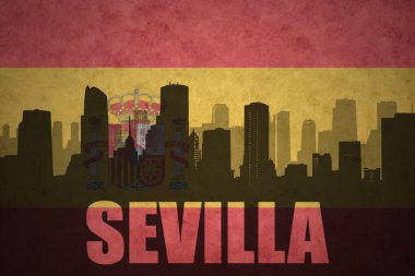 Özet metin Sevilla, vintage İspanyol bayrağı ile şehir silüeti