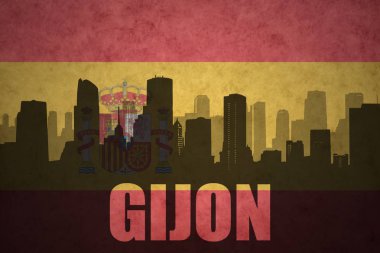 Özet metin Gijon Vintage ile şehir silüeti İspanyolca bayrak