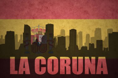 Özet metin La Coruna Vintage ile şehir silüeti İspanyolca bayrak