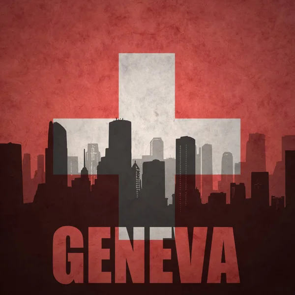 Abstrakte Silhouette der Stadt mit Genfer Text an der Schweizer Flagge — Stockfoto