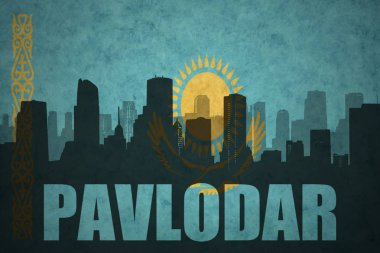 Özet metin Pavlodar, vintage Kazakistan bayrağı ile şehir silüeti