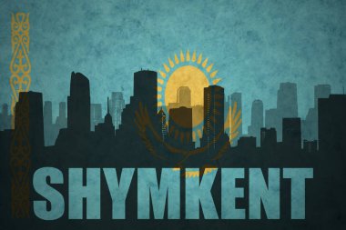 Özet metin Çimkent, vintage Kazakistan bayrağı ile şehir silüeti