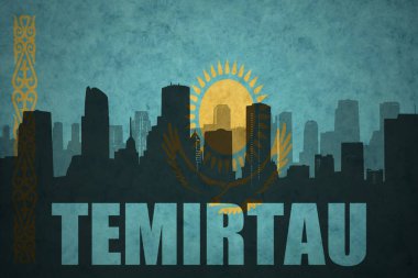 Özet metni Temirtau vintage Kazakistan bayrağı ile şehir silüeti