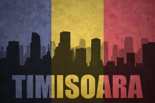 ビンテージのルーマニアの旗のテキスト ティミショアラと都市の抽象的なシルエット — ストック写真
