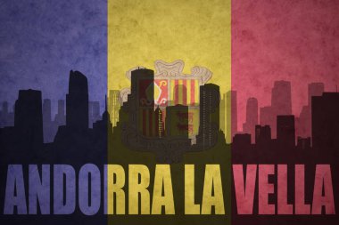 Özet metin Andorra la Vella, vintage Andorra bayrağı ile şehir silüeti