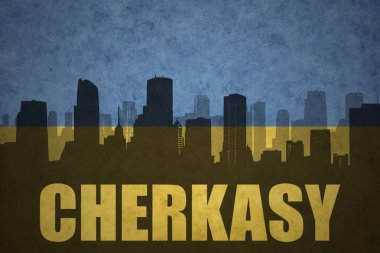Özet metni Cherkasy vintage Ukrayna bayrağı ile şehir silüeti