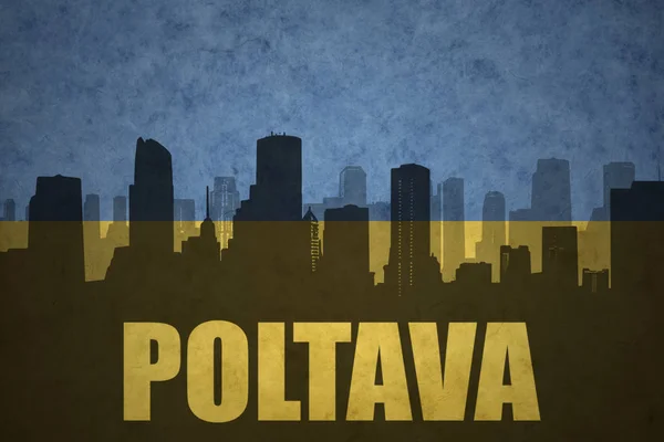Streszczenie sylwetka miasta z tekstem Połtawa na vintage flagę Ukrainy — Zdjęcie stockowe