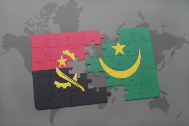 angola ve Moritanya ulusal bayrak bir dünya haritası üzerinde ile bulmaca.