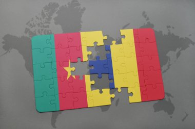 Kamerun ve bir dünya haritası üzerinde Çad bayrağı ile bulmaca.