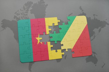 Kamerun bayrağı ve bir dünya haritası üzerinde Kongo Cumhuriyeti ile bulmaca.