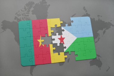 bir dünya haritası üzerinde Kamerun ve Cibuti bayrağı ulusal ile bulmaca.