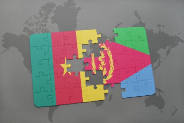 Kamerun ve Eritre ulusal bayrak bir dünya haritası üzerinde ile bulmaca.