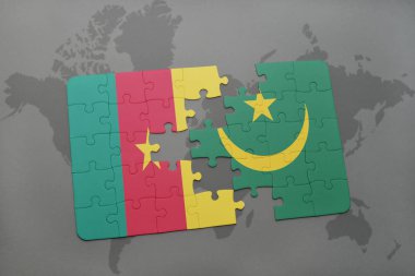 Kamerun ve Moritanya ulusal bayrak bir dünya haritası üzerinde ile bulmaca.