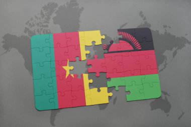 Kamerun ve Malavi bir dünya haritası üzerinde bayrağı ile bulmaca.