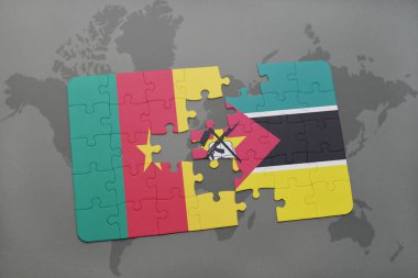 Kamerun ve Mozambik bir dünya haritası üzerinde bayrağı ile bulmaca.