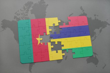 Kamerun ve Türkiye ulusal bayrak bir dünya haritası üzerinde ile bulmaca.