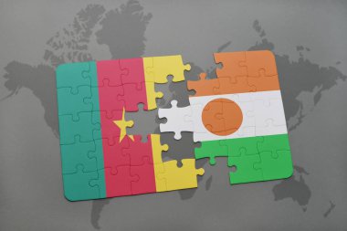 Kamerun ve Nijer bir dünya haritası üzerinde bayrağı ile bulmaca.
