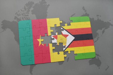 Kamerun ve Zimbabve Ulusal bayrak bir dünya haritası üzerinde ile bulmaca.