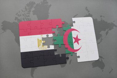 bir dünya haritası üzerinde Mısır ve Cezayir Ulusal bayrakla bulmaca.