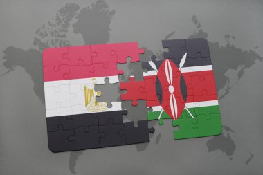 bir dünya haritası üzerinde Mısır ve kenya Ulusal bayrakla bulmaca.