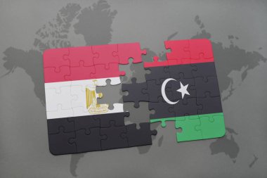 bir dünya haritası üzerinde Mısır ve libya Ulusal bayrakla bulmaca.