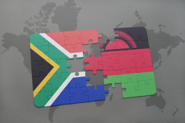 Güney Afrika ve Malavi bir dünya haritası üzerinde bayrağı ile bulmaca.