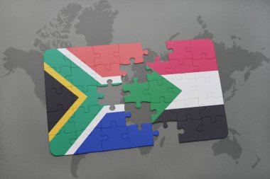 Güney Afrika ve sudan bir dünya haritası üzerinde bayrağı ile bulmaca.