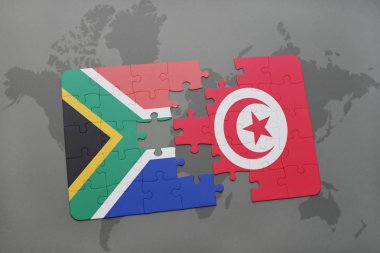 Güney Afrika ve Tunus bir dünya haritası üzerinde bayrağı ile bulmaca.