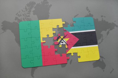 benin ve Mozambik bir dünya haritası üzerinde bayrağı ile bulmaca